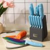 Hecef 14 Pieces Kitchen Knife Set with Wooden Block, Rainbow Titanium Coated Chef Knives with Sharpener, Steak Knife, Scissors