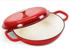 COOKWIN Cast Iron Casserole Braiser;  3.8 Quart; Heavy Duty Casserole Skillet with Lid and Dual Handles;  Porcelain Enameled Surface Cookware Pot